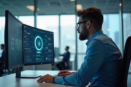 Homme en chemise bleue examine un tableau de bord de securite digitale