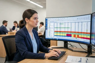 Professionnelle analysant des formules de différence de dates dans Excel sur deux écrans de bureau