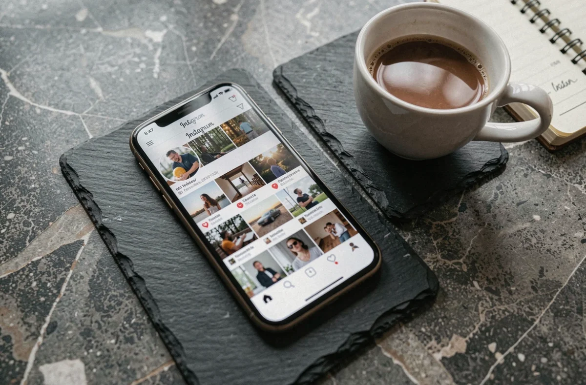 Smartphone affichant un profil Instagram posé sur une surface en ardoise avec un carnet et un café illustrant la navigation anonyme