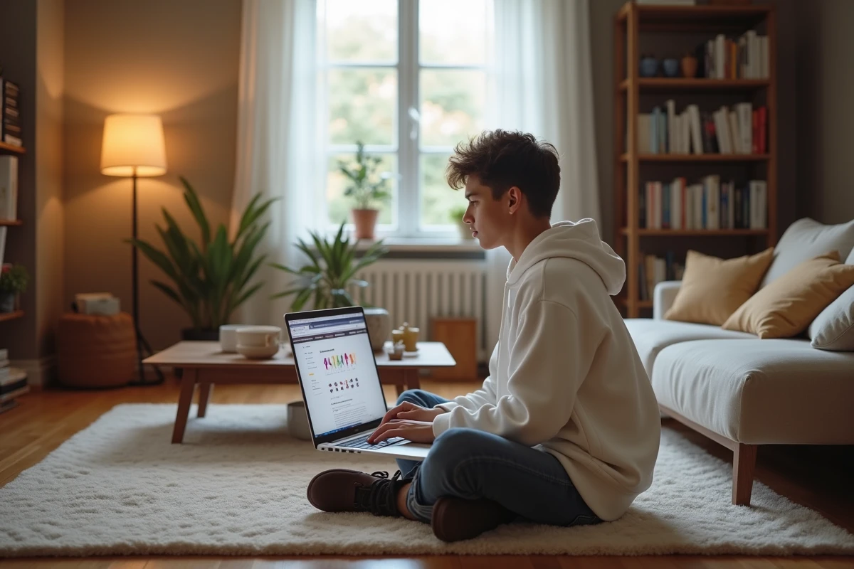 Jeune personne consultant un guide de raccourcis clavier flèche HTML sur un laptop dans un salon cosy