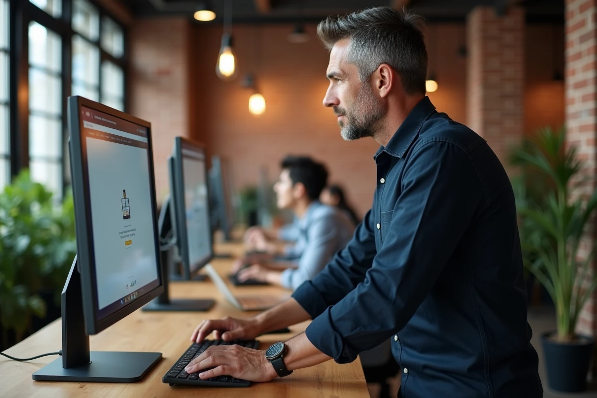 Homme travaillant sur un éditeur de réseaux sociaux avec un raccourci clavier flèche dans un espace de coworking