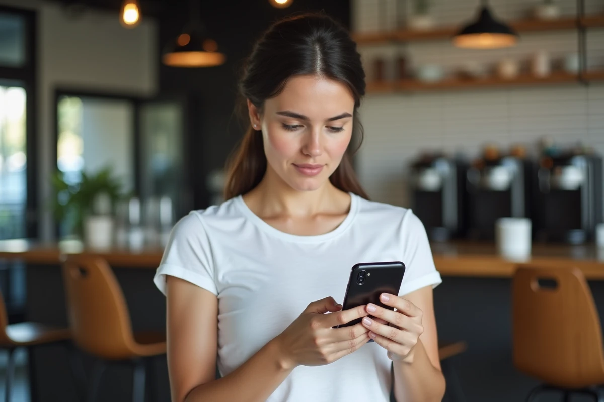 Jeune femme consultant son smartphone dans un café pour trouver une alternative à un site web hors ligne
