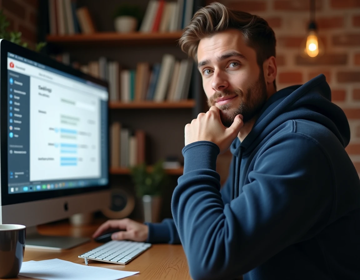 Homme configurant la redirection d'emails webmail depuis un bureau à domicile sur un ordinateur de bureau