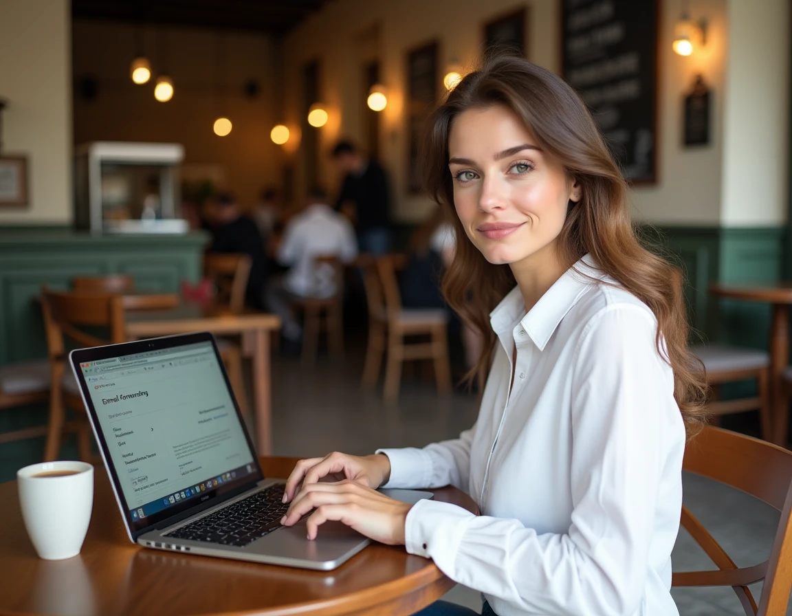 Jeune femme configurant la redirection de son webmail Montpellier dans un café urbain avec un ordinateur portable
