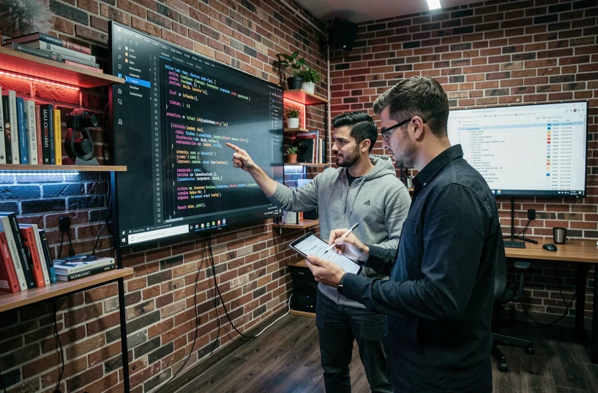 Développeurs de l'agence Redmoot en séance de revue de code devant un grand écran mural
