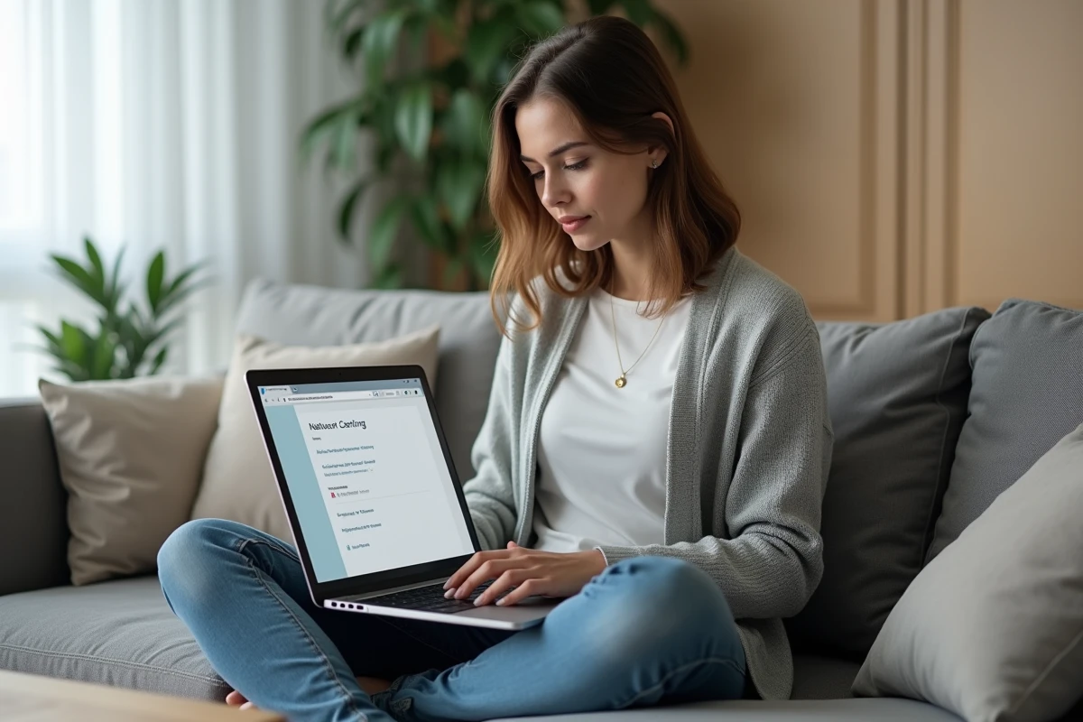 Une femme consultant les paramètres réseau Windows sur un ordinateur portable posé sur ses genoux dans un salon moderne