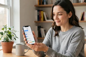 Femme utilisant l'application Google Photos sur smartphone pour configurer la sauvegarde automatique