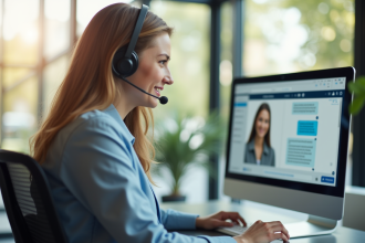 Représentant service client souriant dans un bureau moderne
