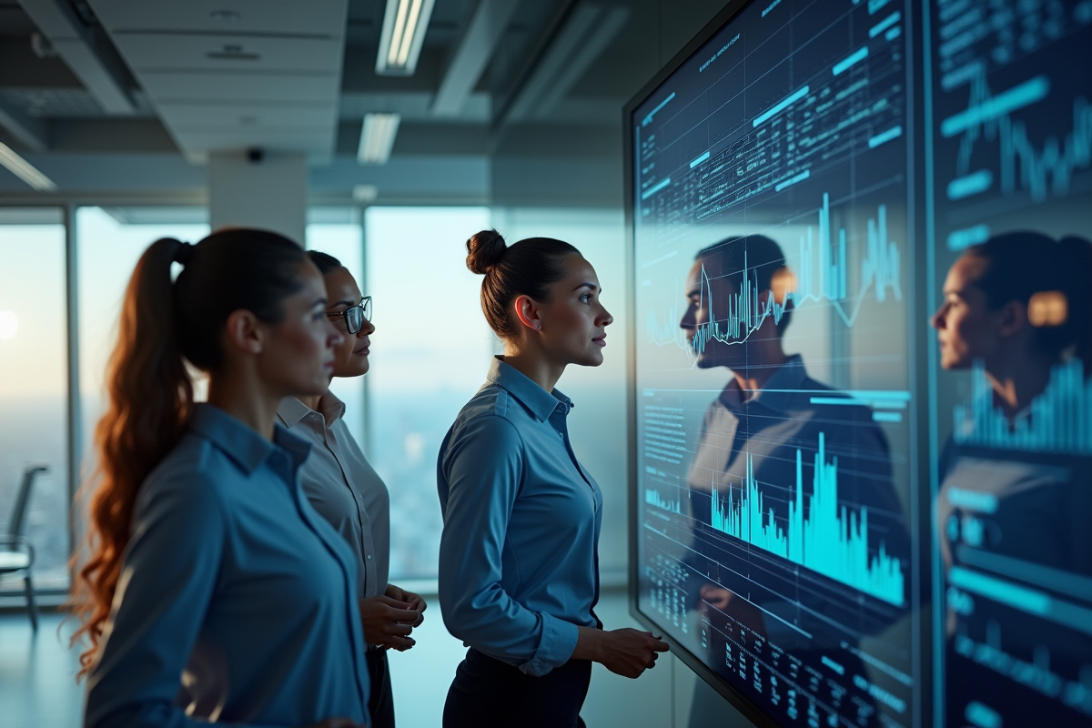 Groupe de professionnels discutant de donnees sur un grand ecran hightech