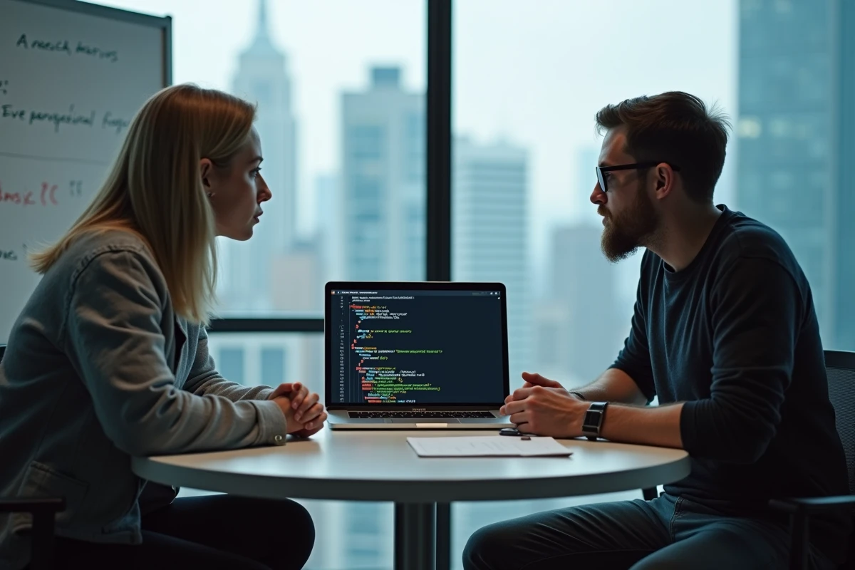 Deux développeurs en session de revue de code Python examinant la structure de modules dans une salle de réunion vitrée