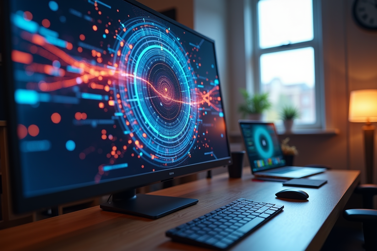Zoom sur une roue virtuelle en mouvement sur un grand écran