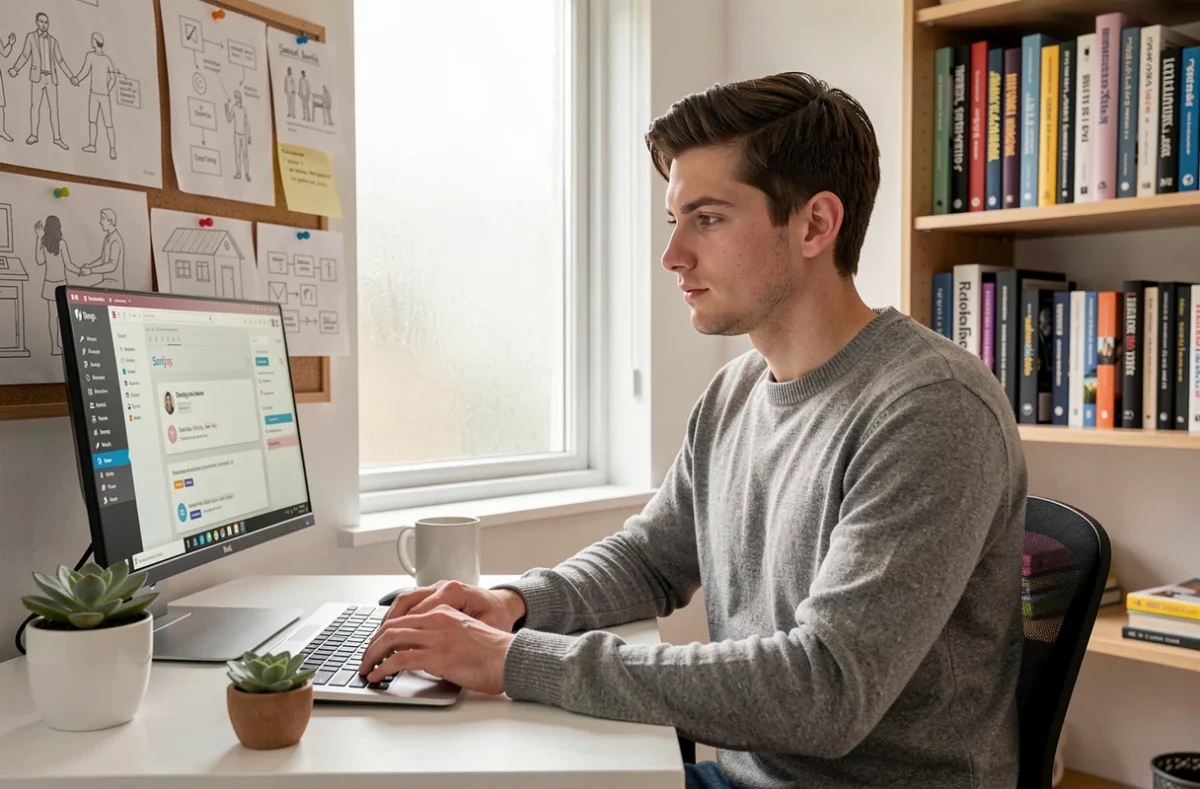 Samuel Imbert, développeur web freelance, travaillant seul dans son studio home office sur un thème WordPress personnalisé