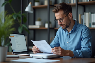 Homme d'âge moyen scannant un document avec un scanner moderne