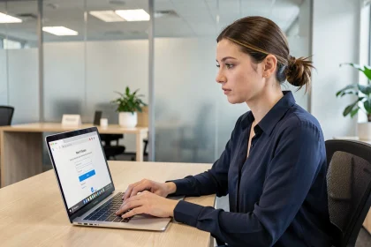 Femme sécurisant son compte Sogo Webmail depuis un ordinateur portable dans un bureau moderne