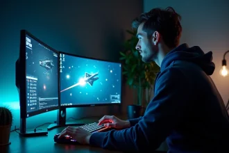 Setup gaming double écran 1080p étendu 21/9 pour jouer à Eve Online sous Windows 11