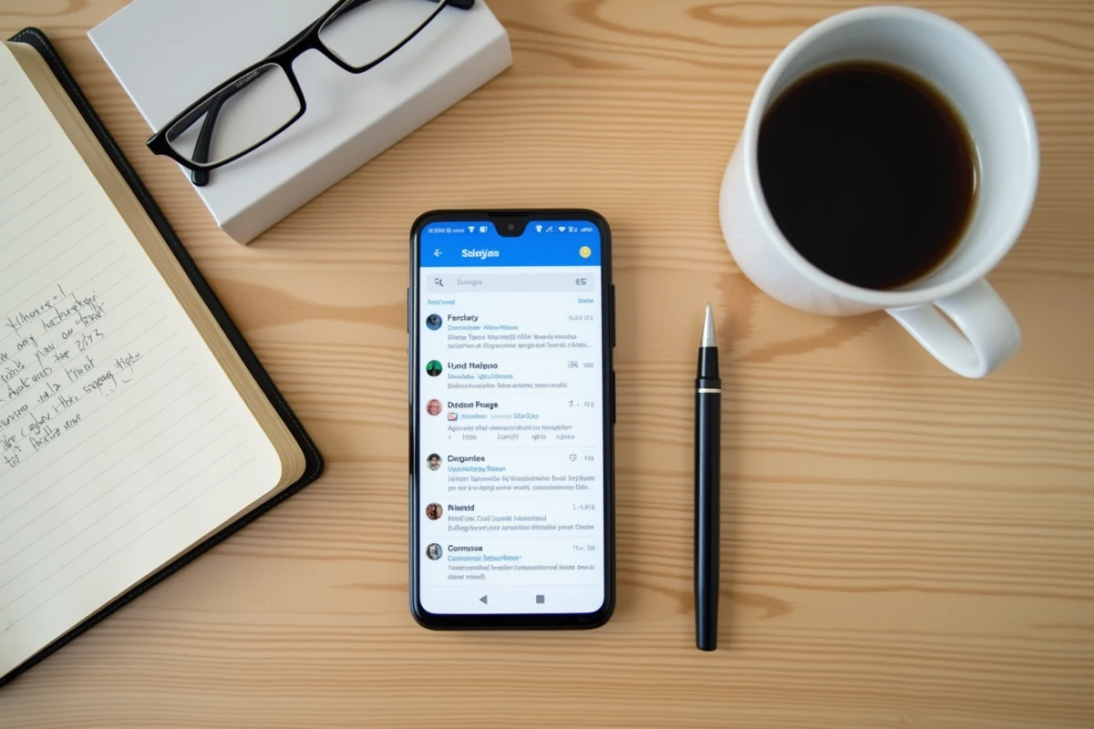 Vue de dessus d'un smartphone affichant Gmail avec des accusés de lecture sur une table en bois