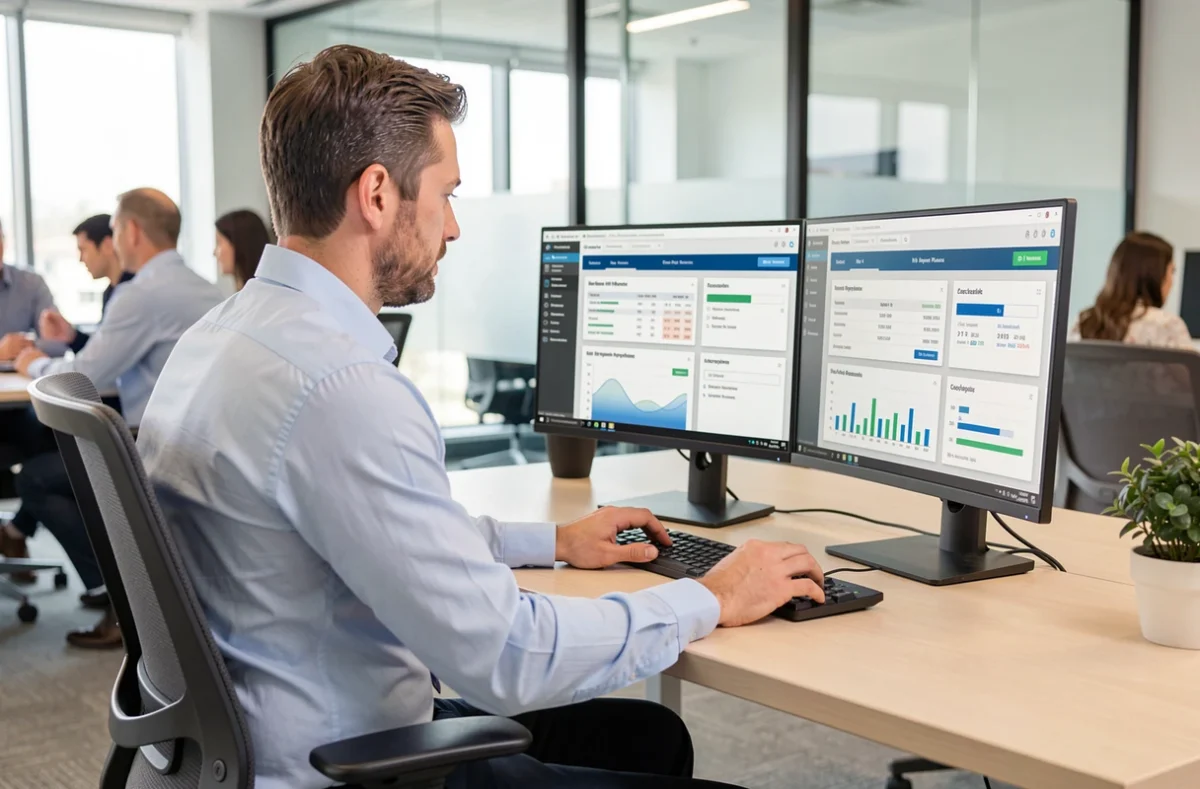 Spécialiste Sopra HR Software naviguant sur un logiciel de gestion RH avec tableaux de bord paie et analytique sur deux écrans de bureau