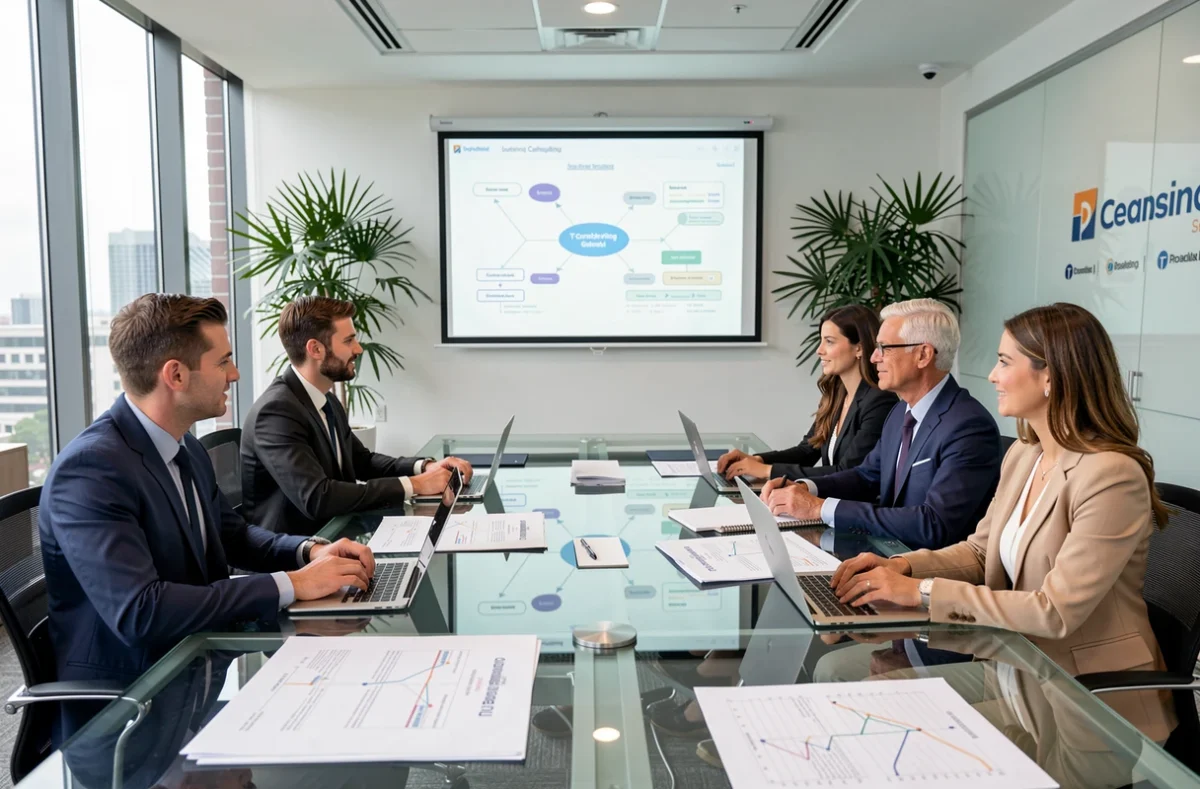Équipe Sopra Steria en réunion de conseil informatique autour d'une table en verre avec présentation de feuille de route projet sur écran