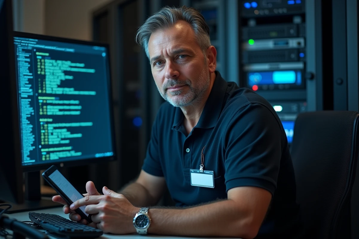 Technicien informatique analysant des erreurs de connexion réseau sur des écrans de diagnostic dans une salle serveur