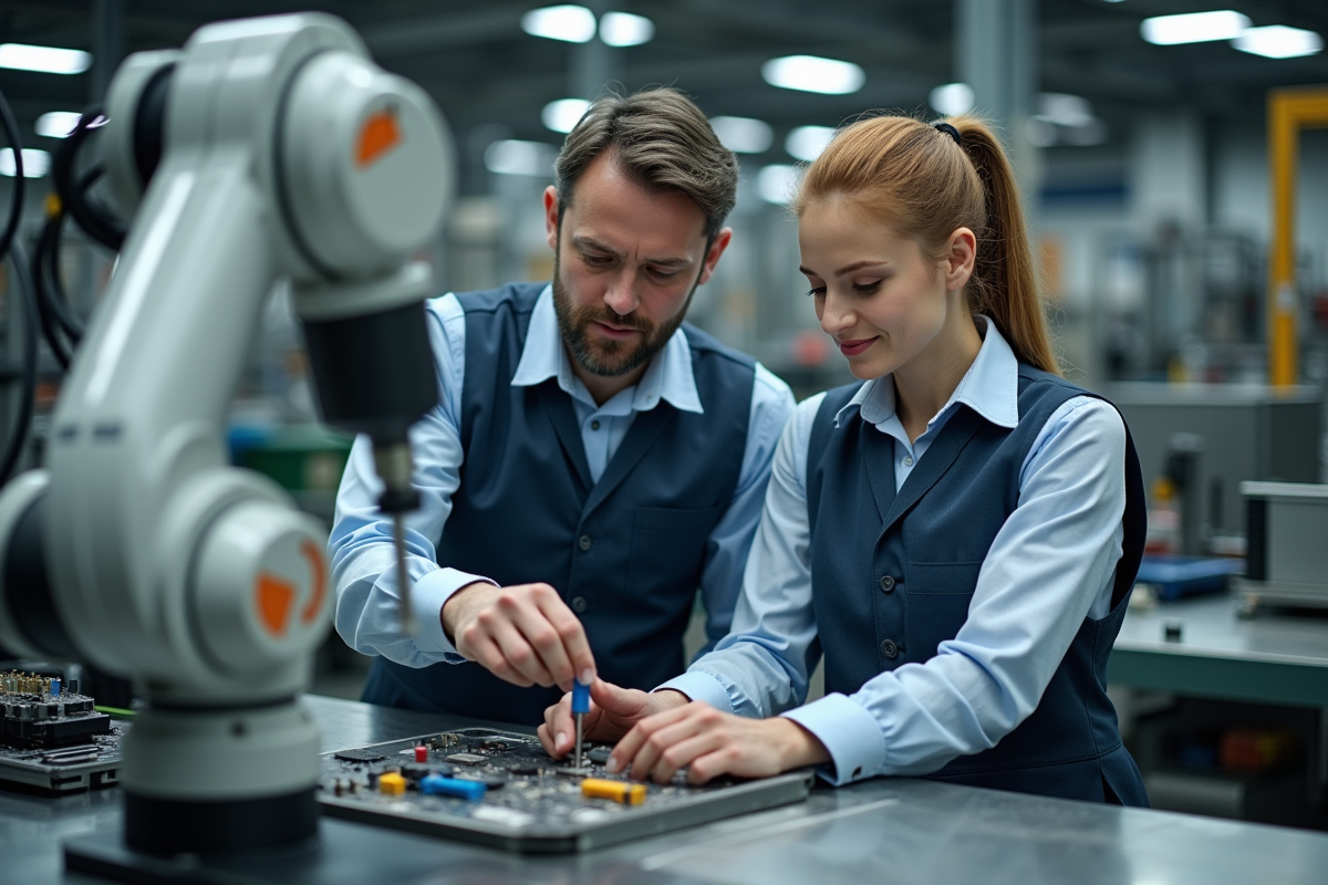 Technicienne et technicien collaborant avec robot industriel