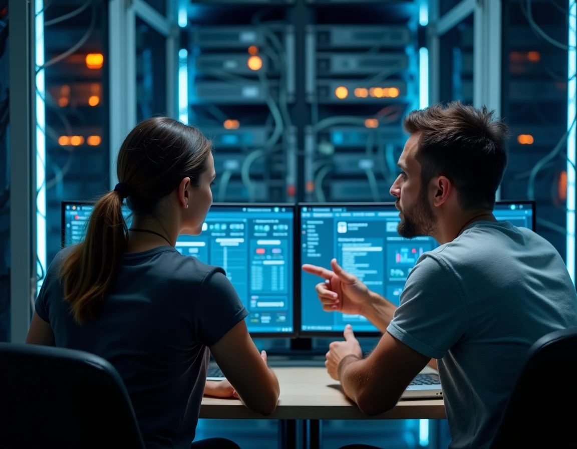 Deux techniciens discutant de la gestion de plusieurs instances de serveur FiveM dans une salle serveur professionnelle