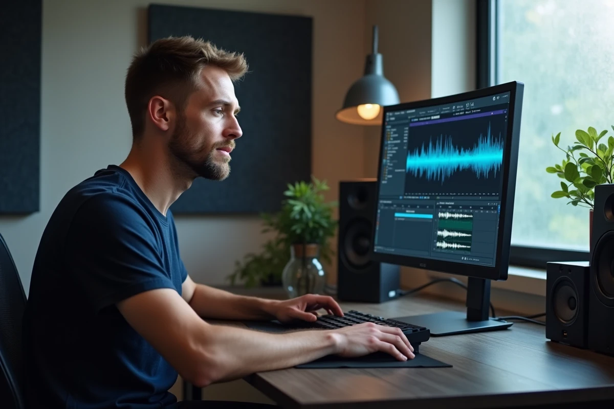 Homme dans un studio maison utilisant un logiciel audio sur ordinateur pour télécharger et convertir légalement de la musique YouTube au format MP3