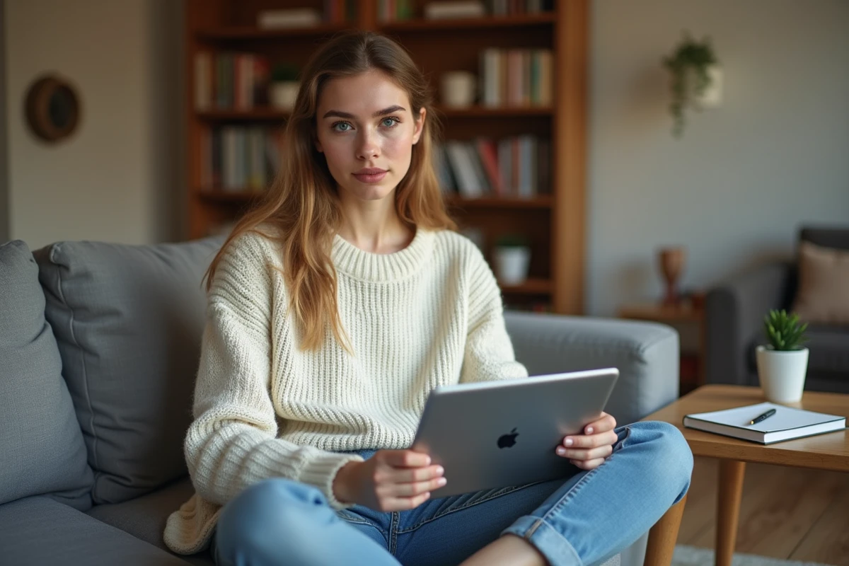 Jeune femme consultant et organisant ses messages importants sur une tablette depuis son appartement à Versailles