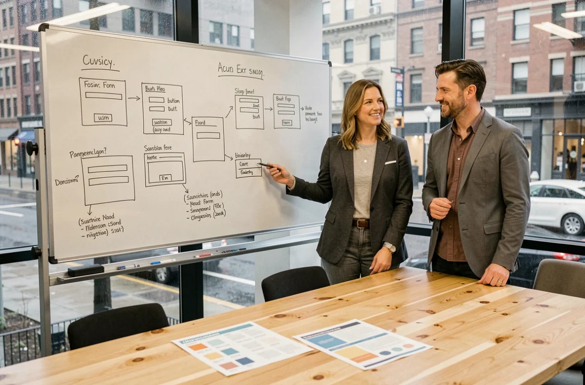 Deux designers UX discutant des techniques de centrage CSS pour formulaires et call-to-action devant un tableau de wireframes