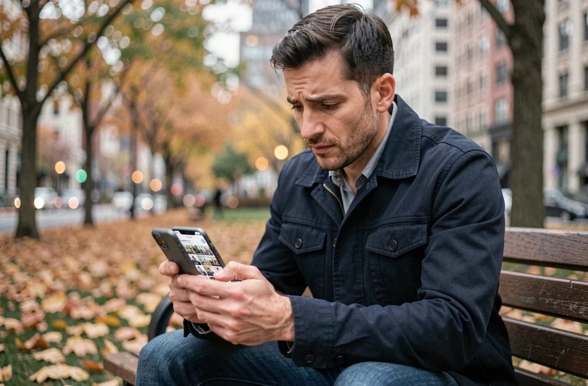 Homme consultant un compte Instagram sans connexion sur smartphone dans un parc urbain en automne