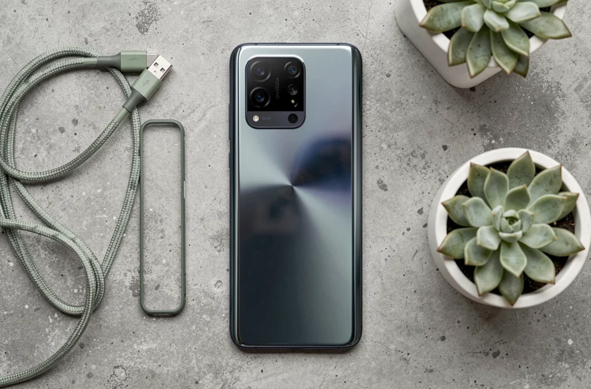 Vue à plat du Google Pixel 8 Pro avec accessoires sur fond béton texturé