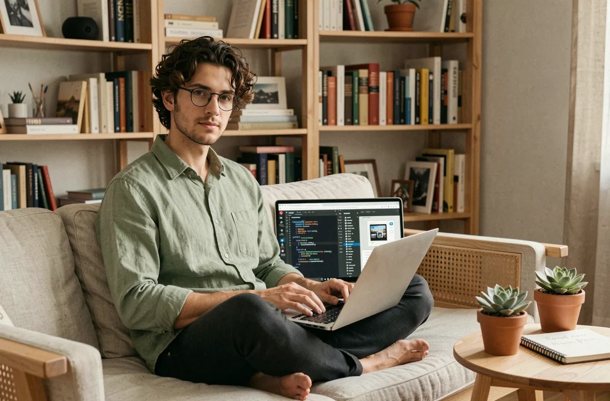 Développeur WordPress freelance de Web Vibes à Nice travaillant sur un éditeur de thème dans son studio créatif et épuré