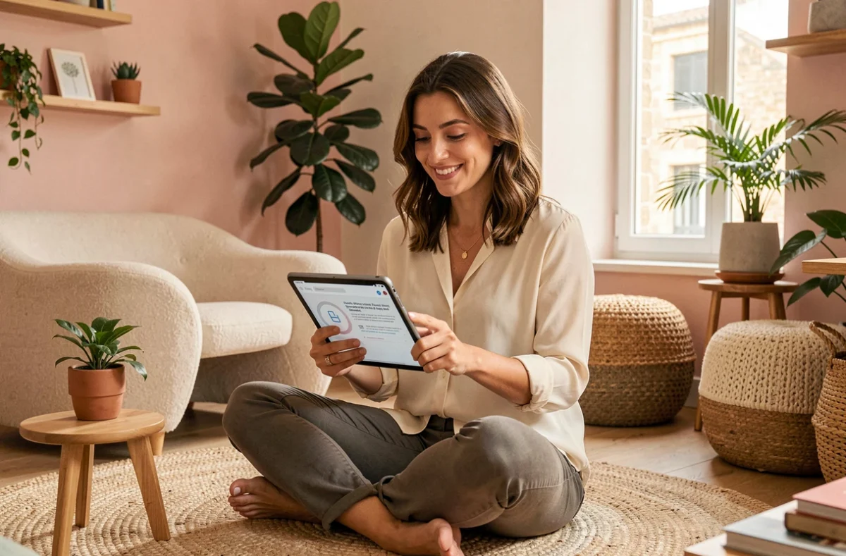 Consultante WiFeel analysant des retours utilisateurs en cybersécurité centrée sur l'humain dans un studio design chaleureux